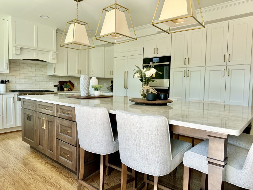 Wood and white kitchen with brass fixtures