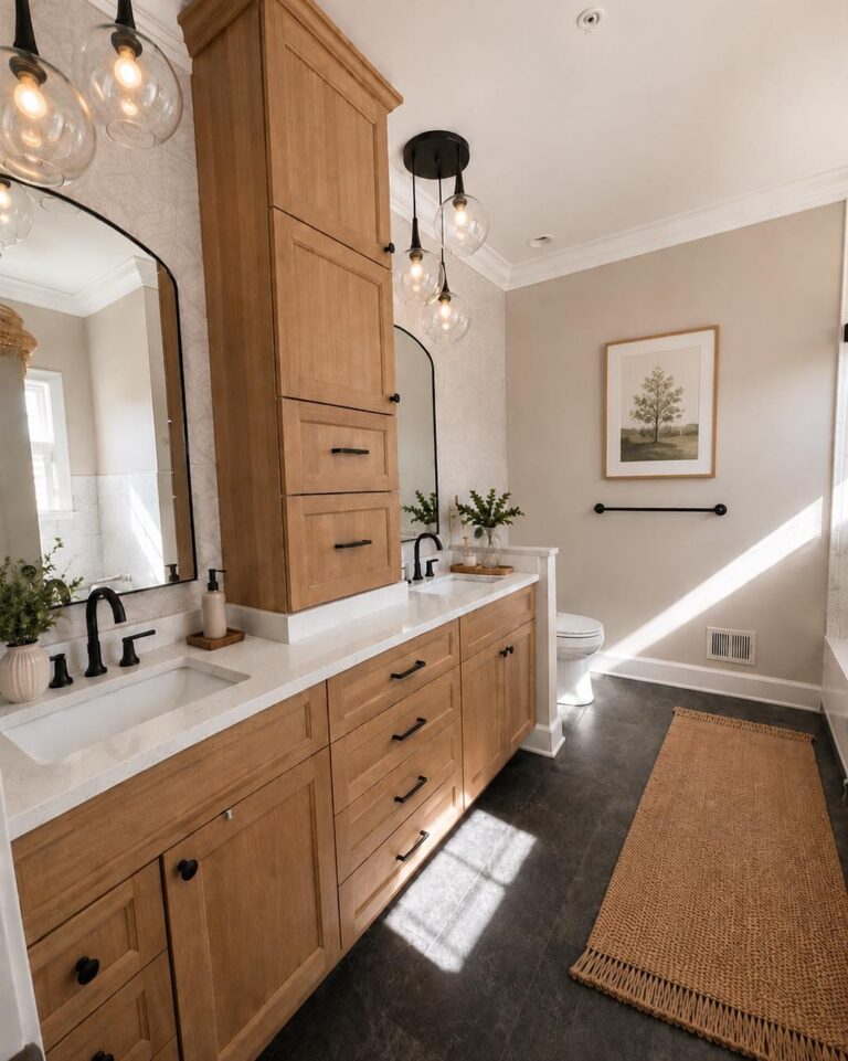 Luxury bathroom design featuring a custom white oak double vanity, black fixtures, oversized mirrors, globe pendant lighting, and warm neutral finishes by Grit & Ash Designs in Maryland.