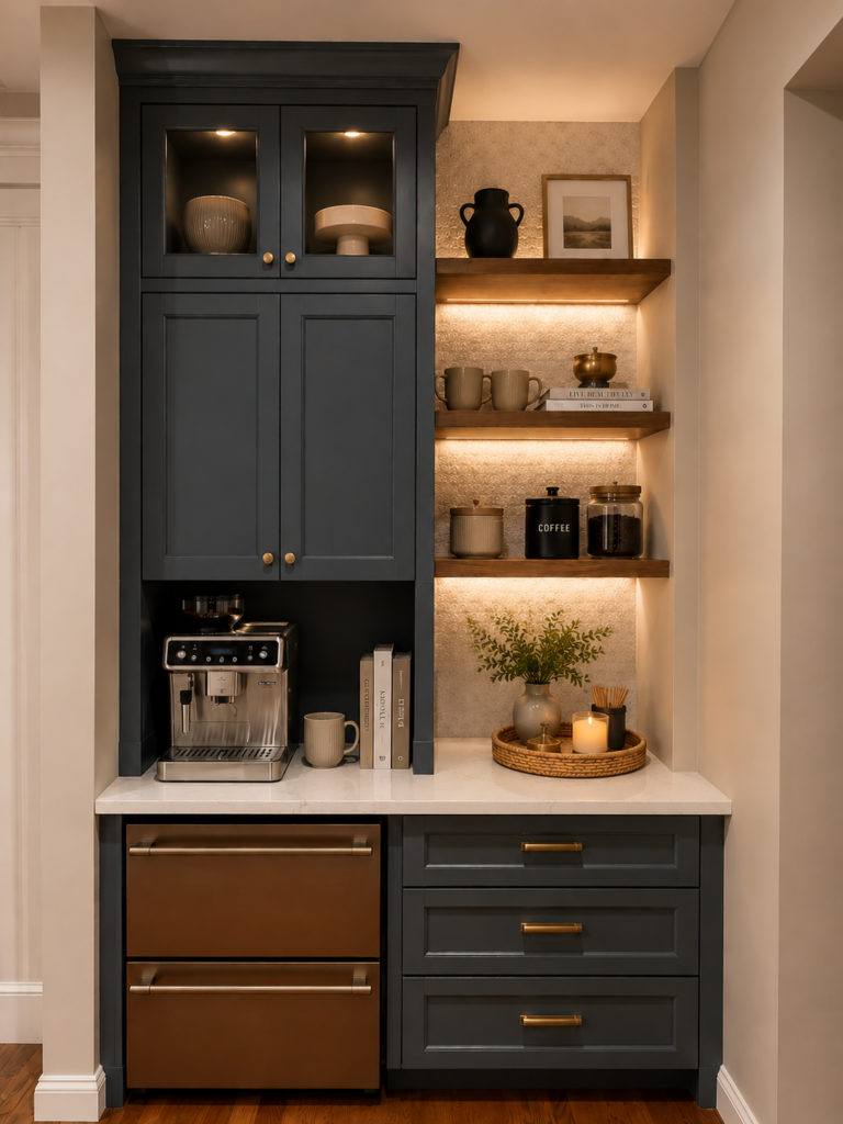 Custom navy coffee bar with floating wood shelves and beverage refrigerator