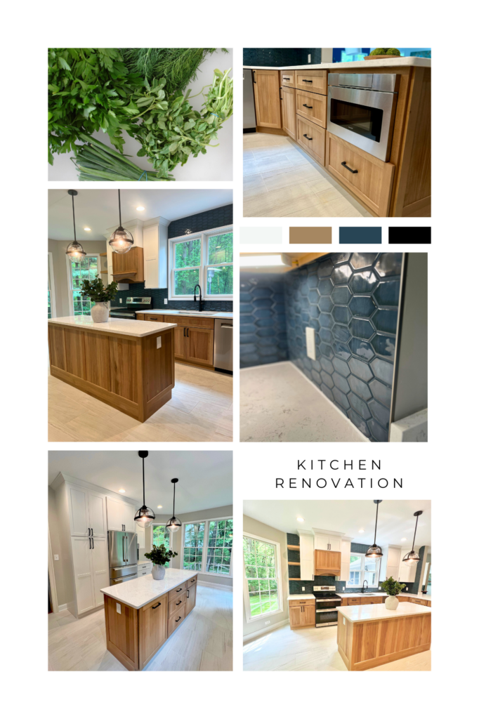 Custom kitchen renovation with white oak cabinetry, quartz countertops, blue tile backsplash, and modern lighting in Central Maryland