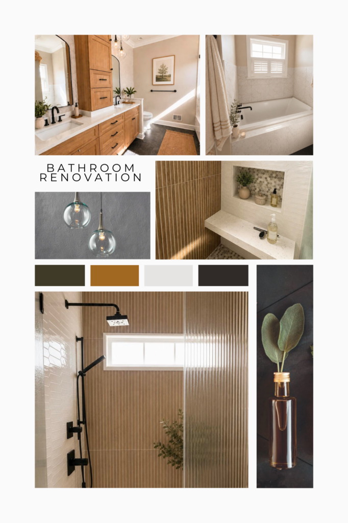 Luxury bathroom renovation mood board featuring warm wood vanity cabinetry, black shower fixtures, textured tile, ribbed glass shower panels, and curated neutral finishes by Central Maryland interior design studio Grit & Ash Designs.