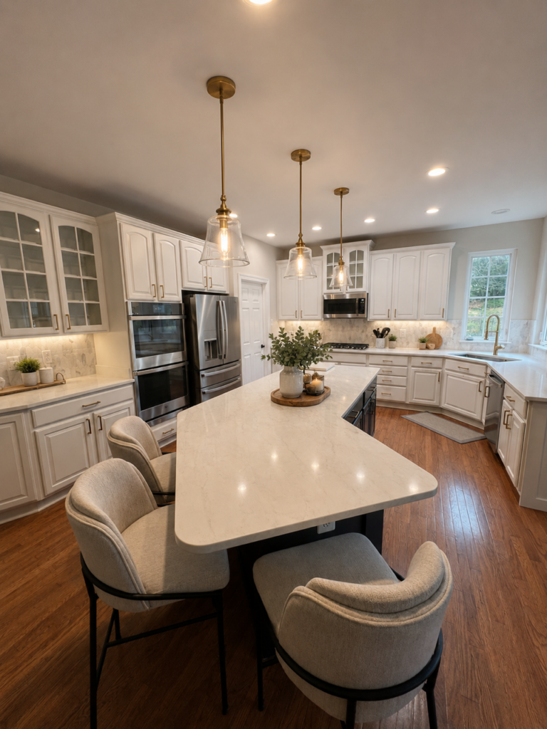 Bright kitchen refresh featuring painted white cabinetry, quartz countertops, brass pendant lighting, warm wood flooring, and a large center island with upholstered seating.