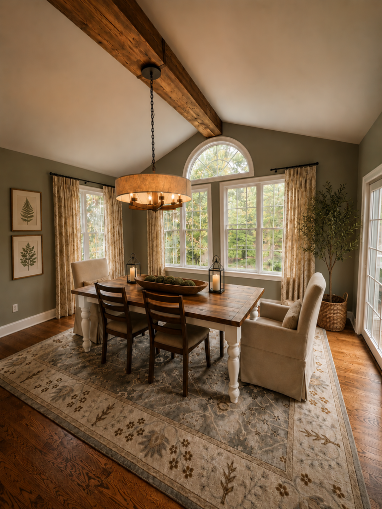 Custom reclaimed wood dining table with turned white legs in a warm, traditional Maryland dining room designed by Grit & Ash Designs.