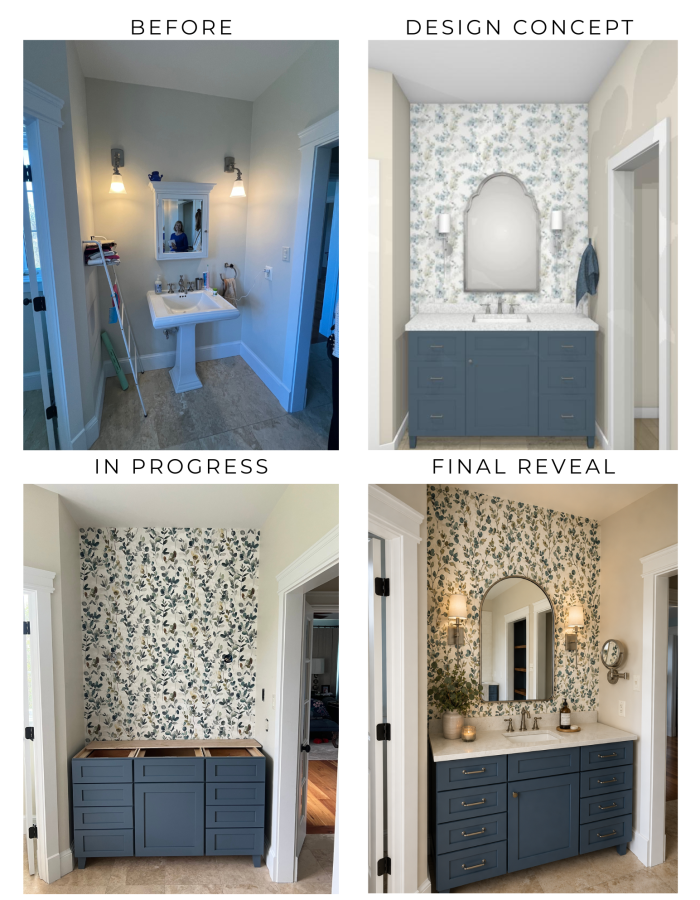 Four-step bathroom renovation process showing before condition, design concept rendering, in-progress installation, and completed custom bathroom reveal.