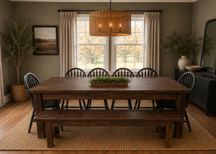 Custom reclaimed wood farm table with matching bench and black Windsor chairs in a dining room with woven pendant lighting and floor-length drapery.